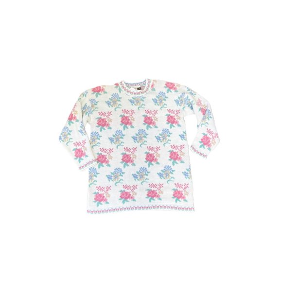 Vintage Dana Scott  Floral Mockneck Tunic White Pink Sweater | Size Medium - Picture 2 of 7
